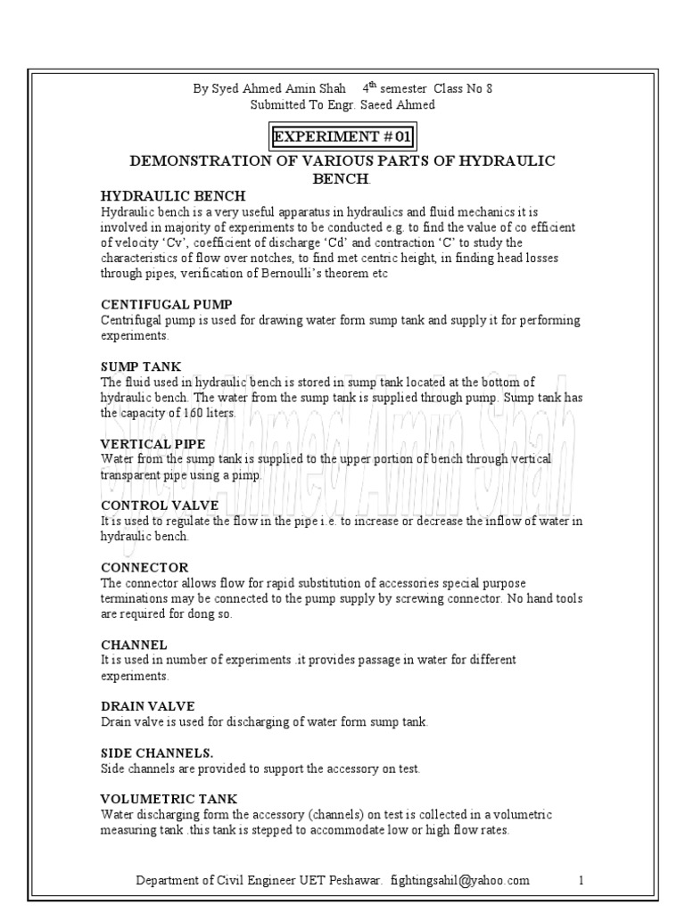 Experiment 01 Demonstration of Various Parts of Hydraulic Bench PDF