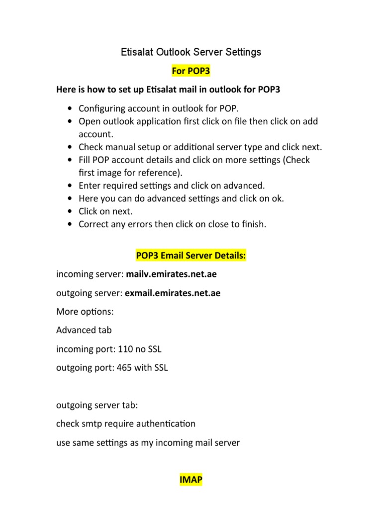 Etisalat Outlook Server Settings PDF