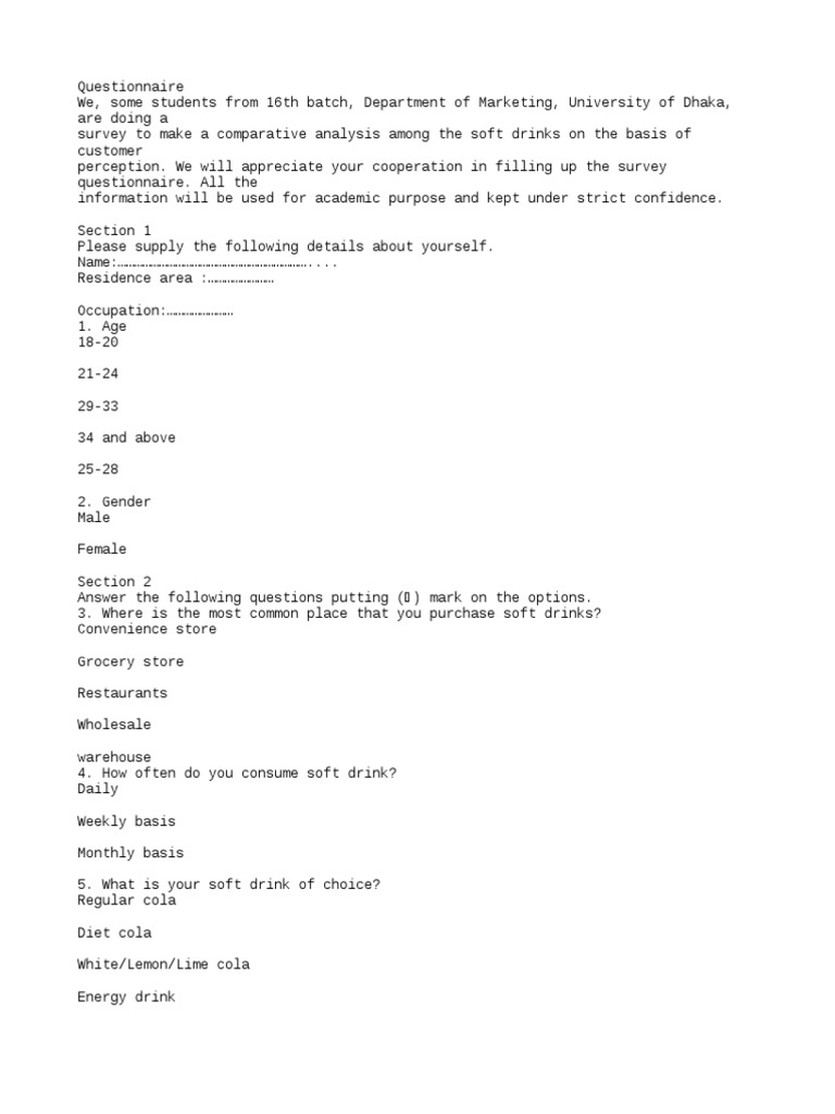 Questionnaire PDF Coca Cola Soft Drink