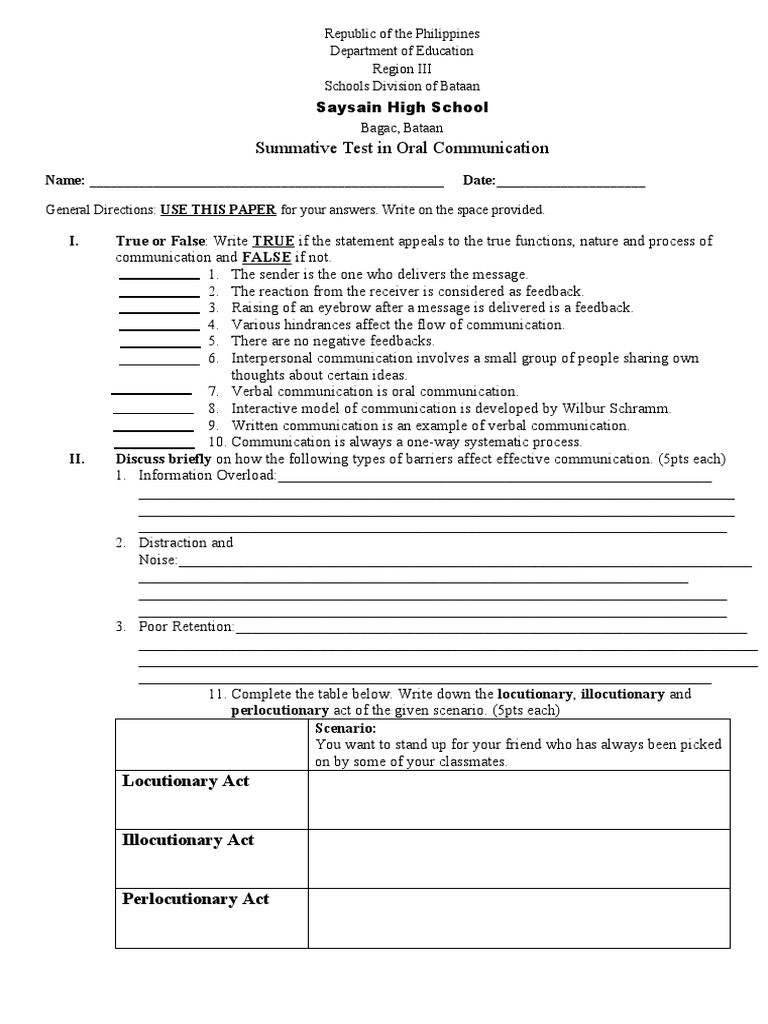 Summative Test in Oral Communication 1 PDF Communication Psychology