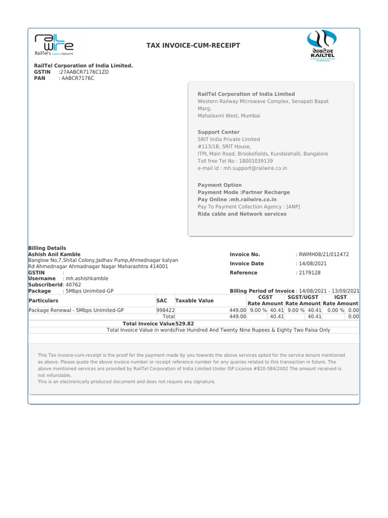 Tax Invoice-Cum-Receipt: Railtel Corporation of India Limited. Gstin ...