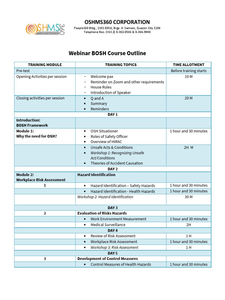 BOSH Webinar Course Outline | PDF | Risk | Risk Assessment