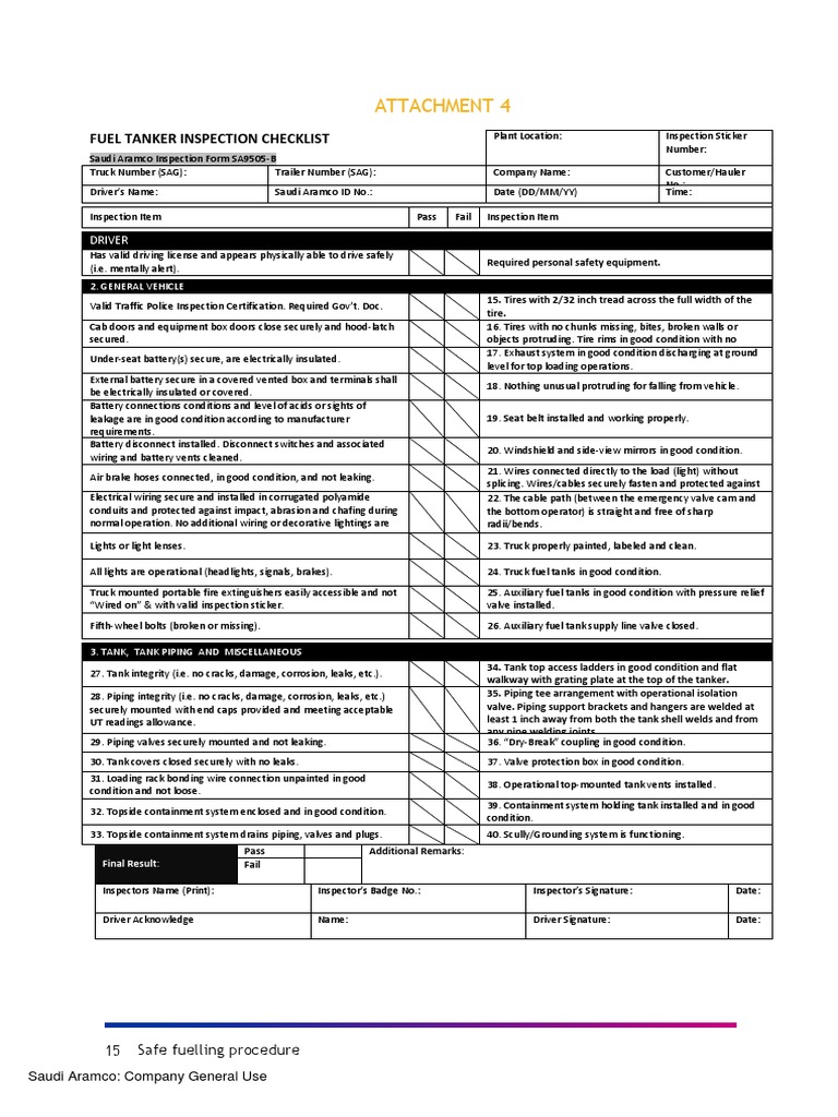 Fuel Tanker Inspection Checklist | PDF | Pipe (Fluid Conveyance) | Tire