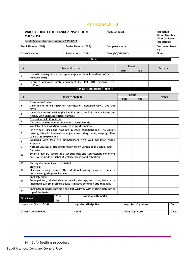 Fuel Tanker Inspection Checklist | PDF | Truck | Vehicle Technology