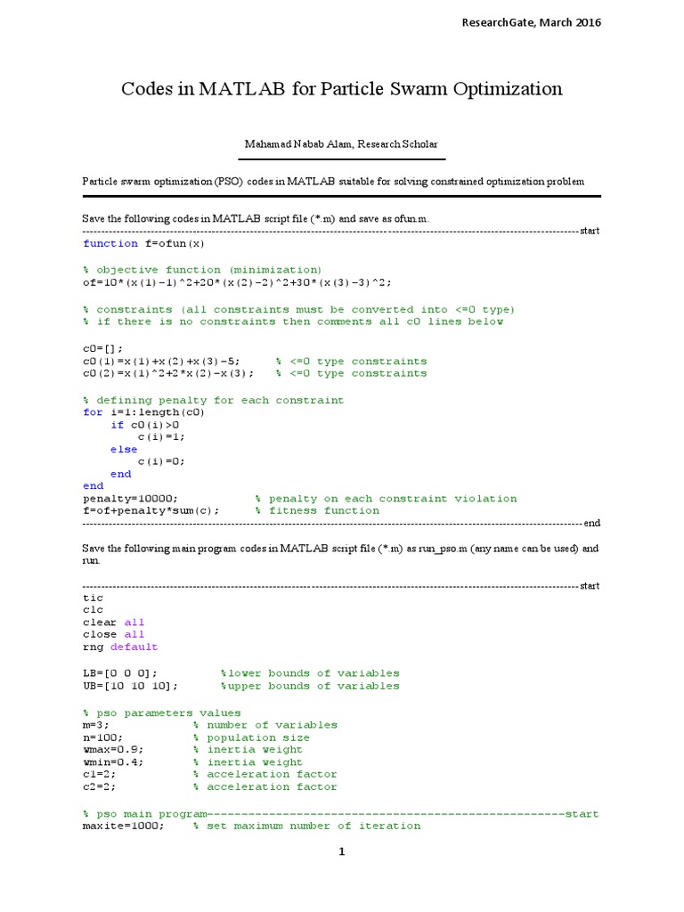 Codes in MATLAB For Particle Swarm Optimization: Function | PDF ...