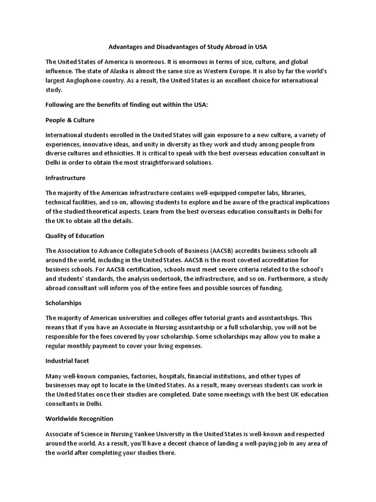 Advantages and Disadvantages of Study Abroad in USA | PDF ...