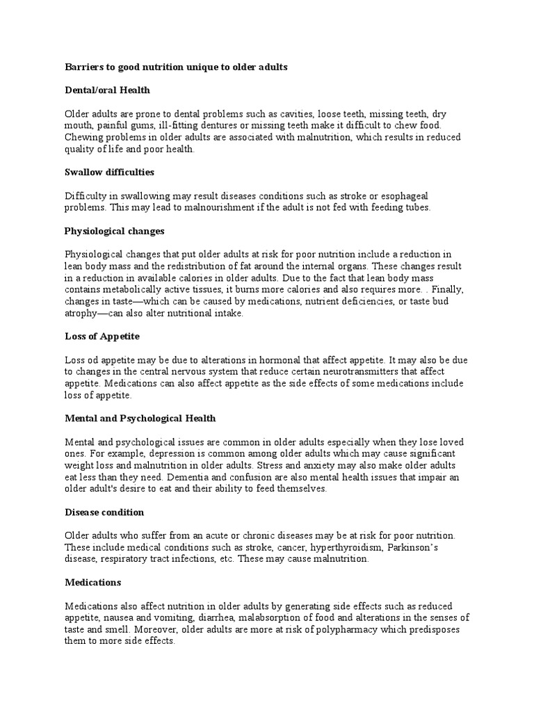 Barriers to Nutrition in Older Adults | PDF | Malnutrition | Appetite