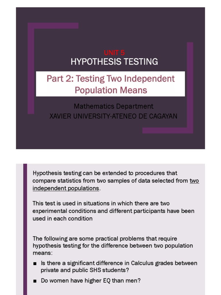 Hypothesis Testing for Population Means | PDF | Statistical Hypothesis ...