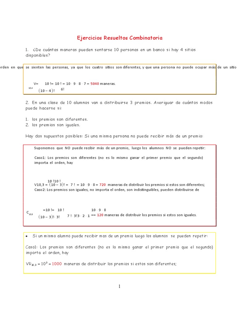 Ejercicios resueltos de combinatoria con menos de | PDF | Matemáticas