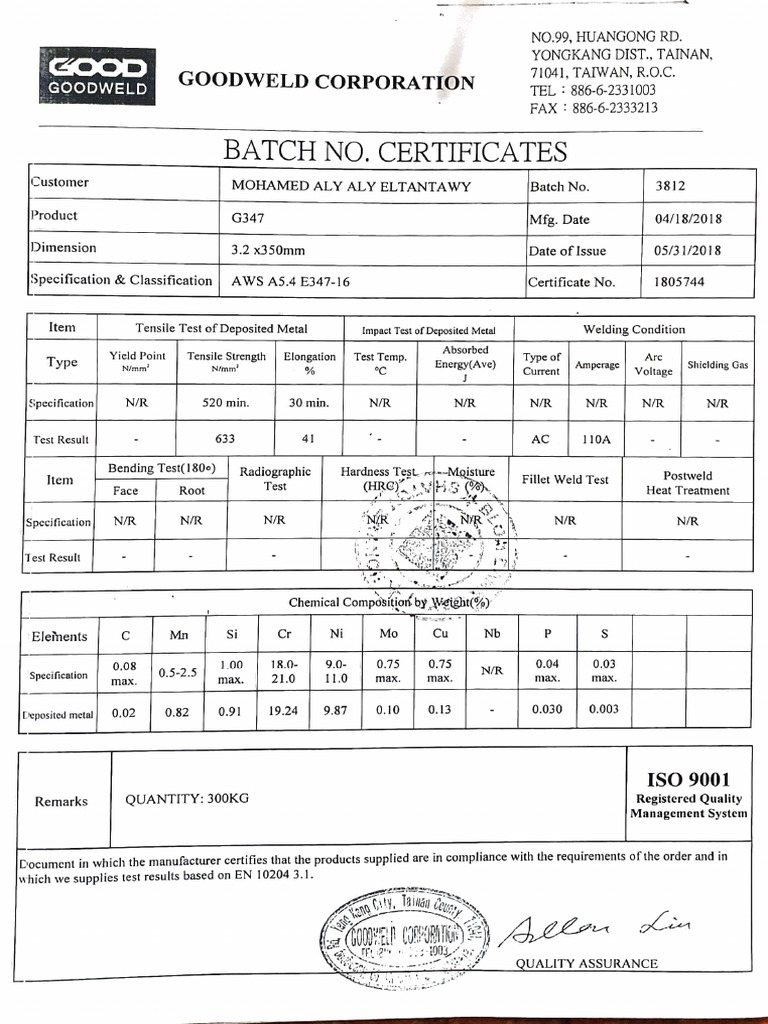 Batch Certificate for Welding Products | PDF | Construction | Welding