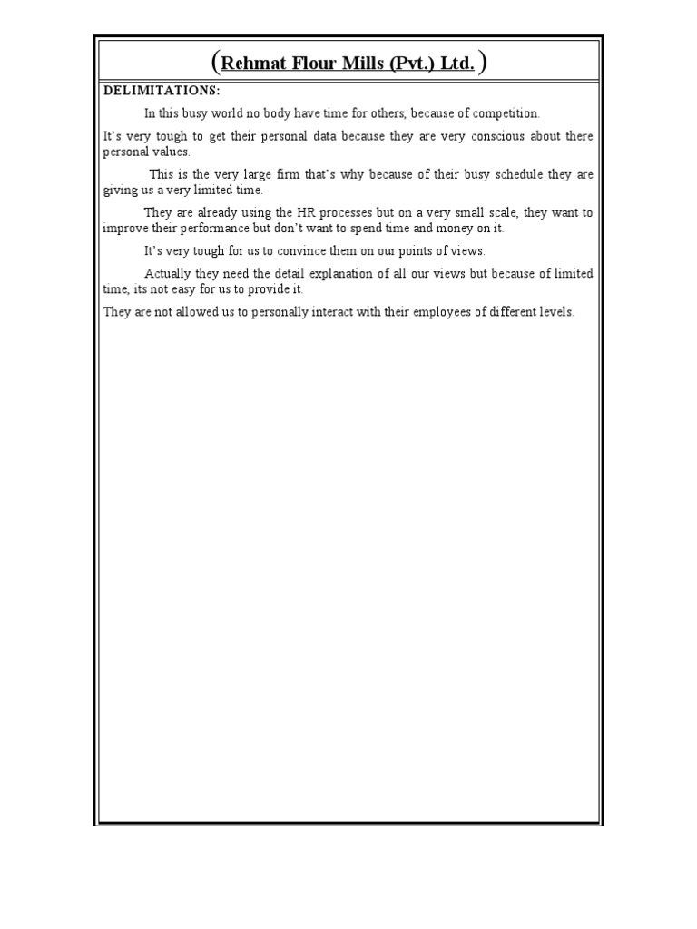 Rehmat Flour Mills (PVT.) LTD. Delimitations Download Free PDF