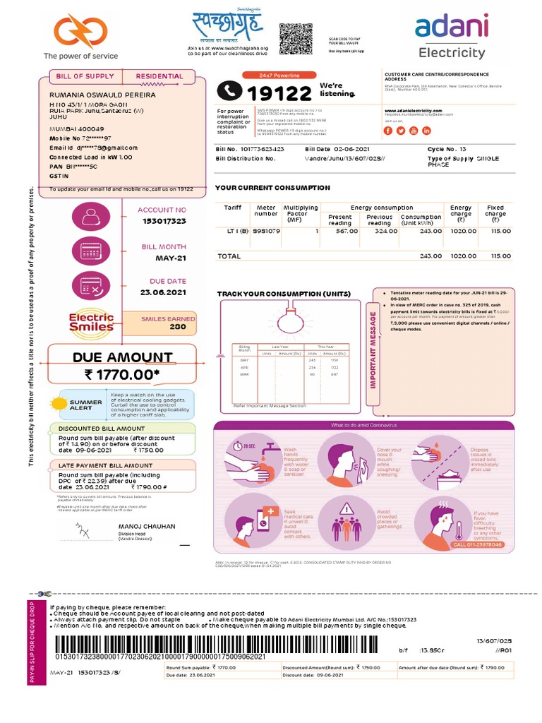 Electricity Bill for Rumania Oswald Pereira for the Month of May 2021