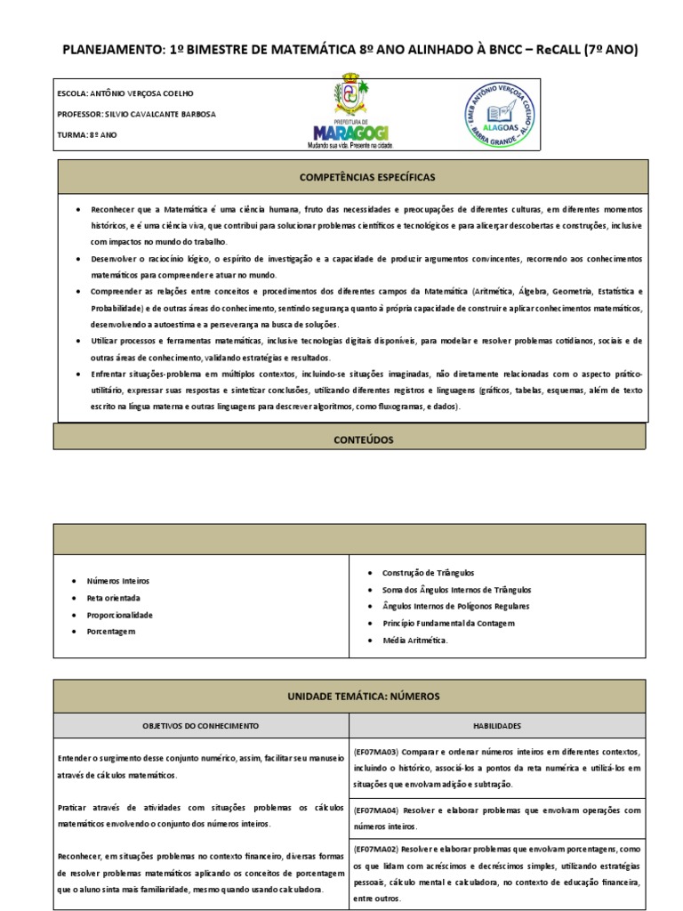 Planejamento Matemática 8º Ano BNCC | PDF | Matemática | Triângulo