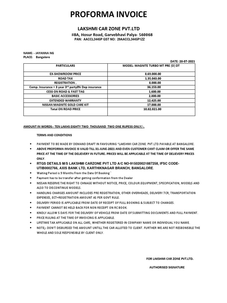 Proforma Invoice Lakshmi Car Zone PVT LTD PDF Receipt Invoice