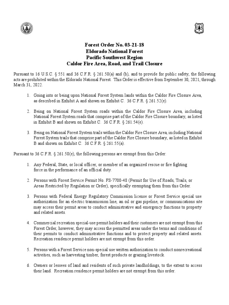 Caldor Fire Area Closure Order | PDF