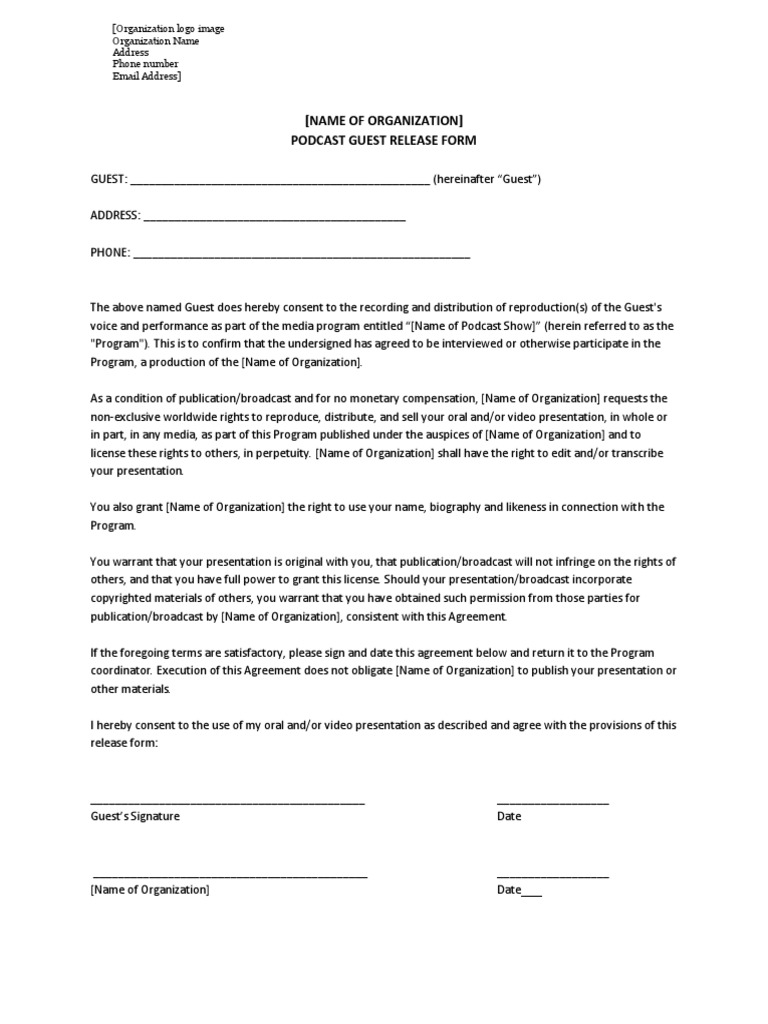 (Name of Organization) Podcast Guest Release Form PDF License Law