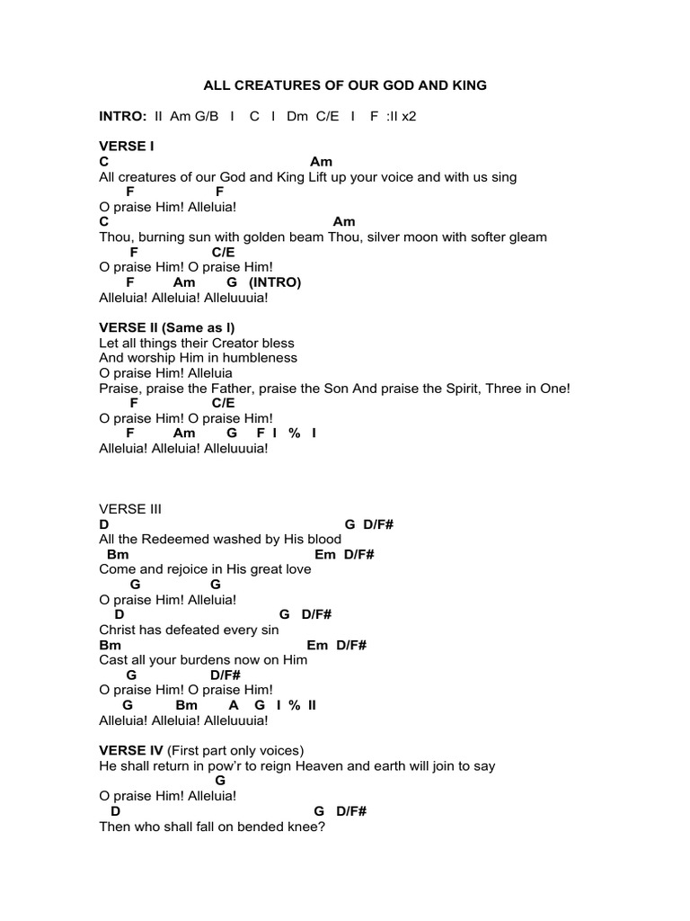 All Creatures of Our God and King Lyrics | PDF | Language Arts ...