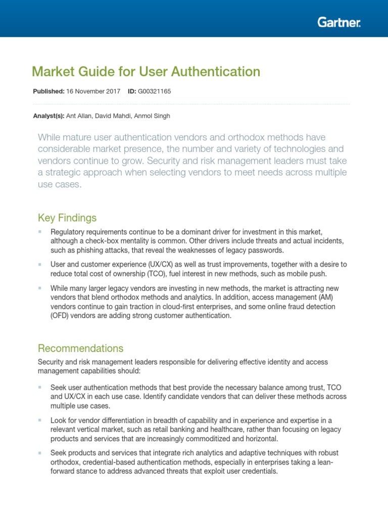 Market Guide For User Authentication: Key Findings | PDF ...