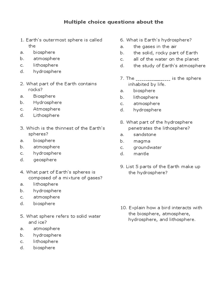 Earth Spheres MCQ Quiz | PDF | Science & Mathematics