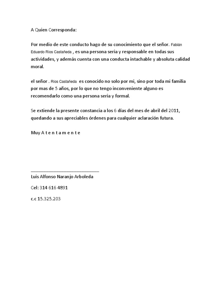 Carta De Recomendacion Y Constancia Laboral  Soalan bg