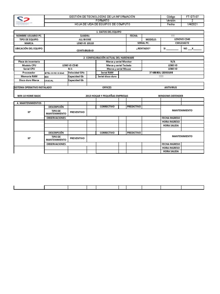 Formato Hoja de Vida de Equipos de Cómputo | PDF | Hardware de la ...