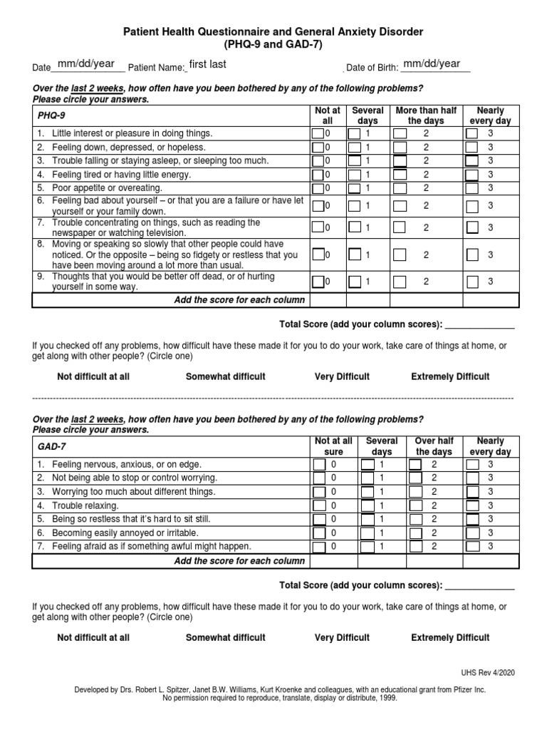 PHQ-9 and GAD-7 Form Fillable | Download Free PDF | Mental Health ...