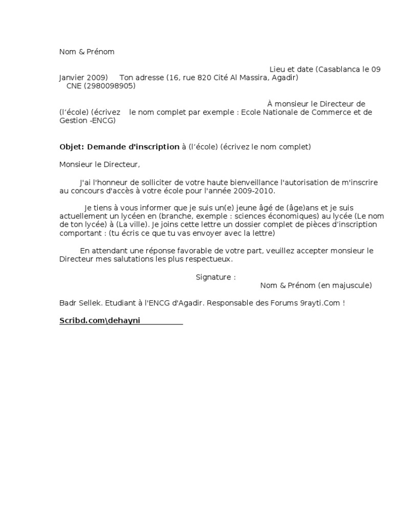 exemple d'un demande manuscrite