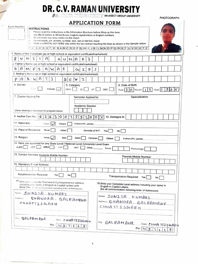 Dr.C.V. Raman University: Application Form | PDF | University And ...