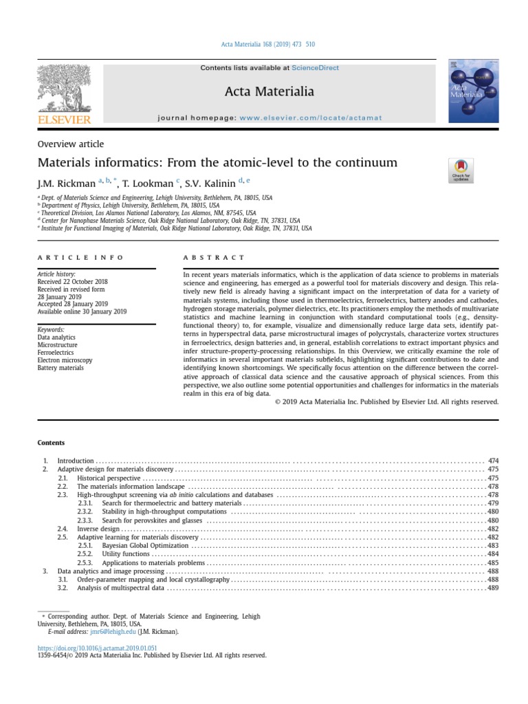 Materials Informatics From The AtomicLevel To The Continuum PDF Computer Science Data