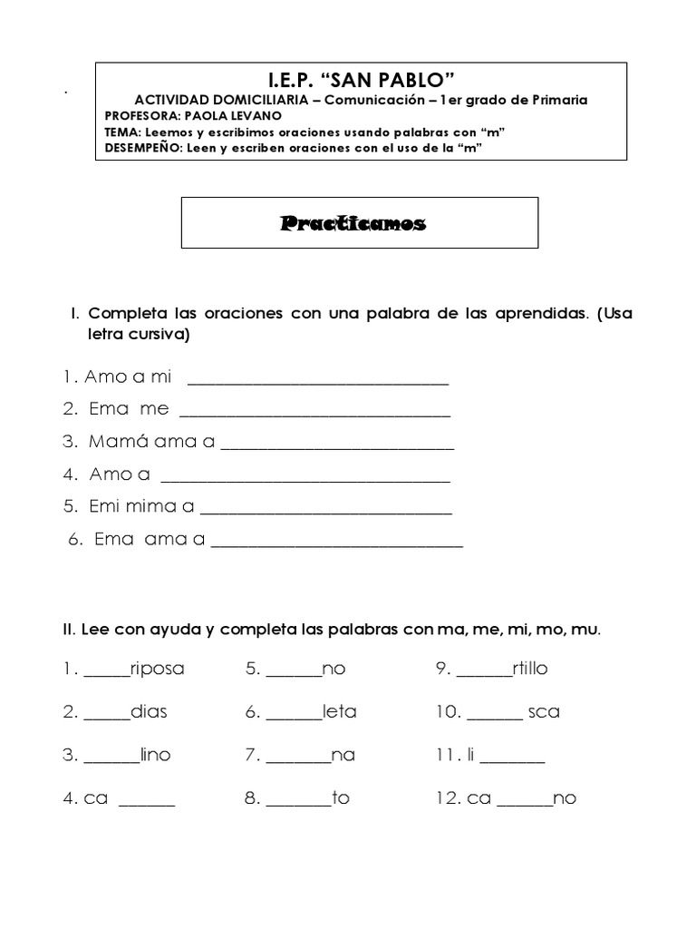 Oraciones con la letra M para Primer Grado | PDF