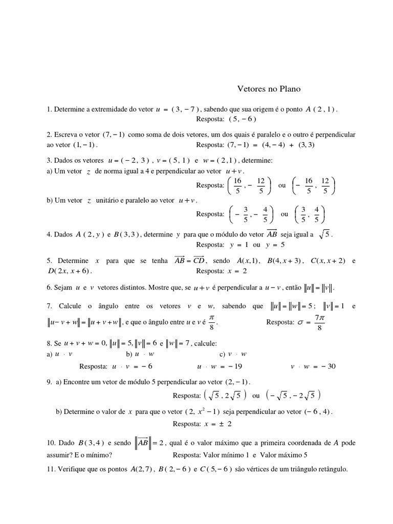 Exercícios sobre Normas de Vetores | PDF | Vetor euclidiano | Linha ...