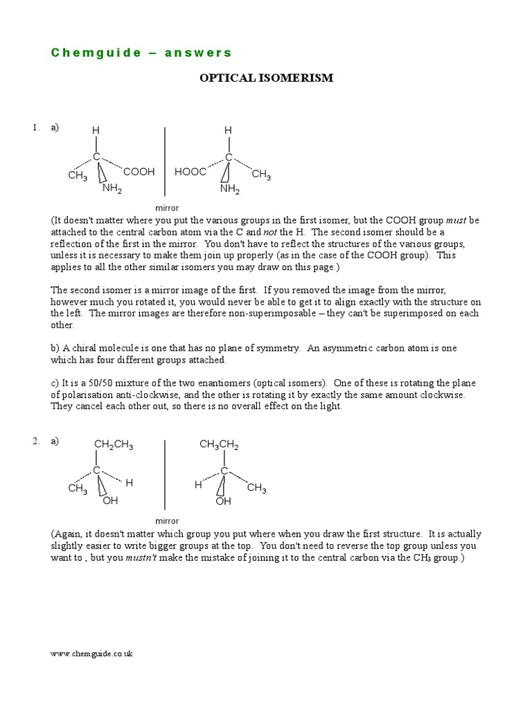 Chemguide Answers Optical Isomerism PDF Isomer Physical Chemistry
