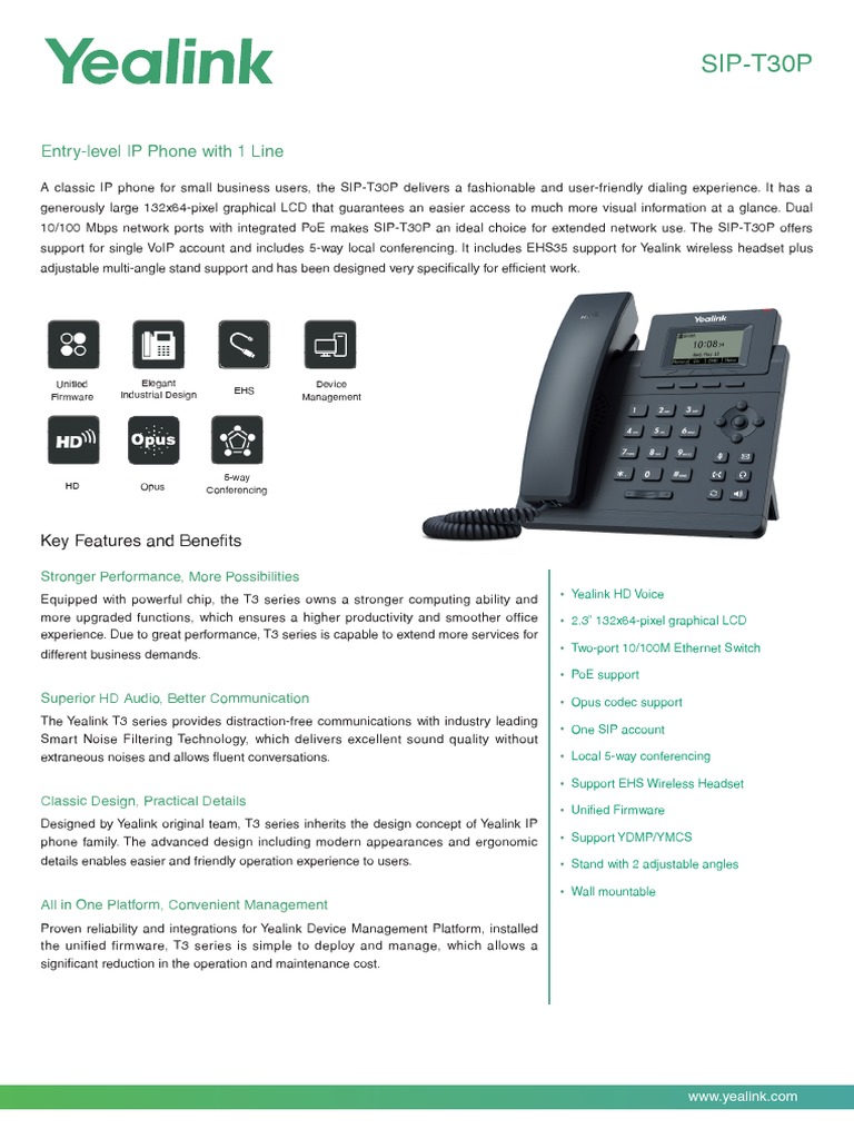 Yealink SIP T30P Datasheet | PDF | Session Initiation Protocol | Voice ...