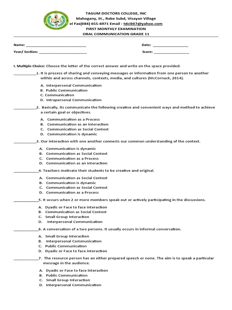 Exam Oral Com 1st Monthly | PDF | Communication | Interpersonal ...