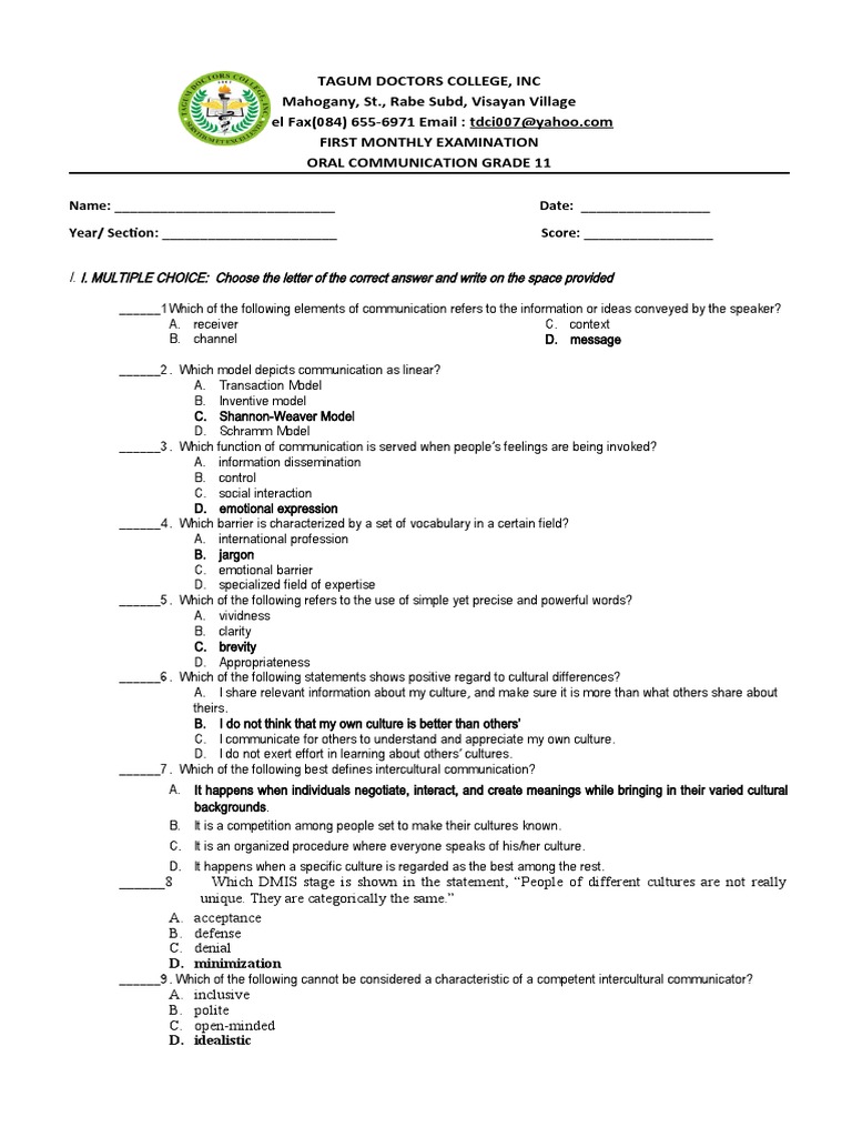 1st Periodical Exam Oral Com PDF Communication Nonverbal