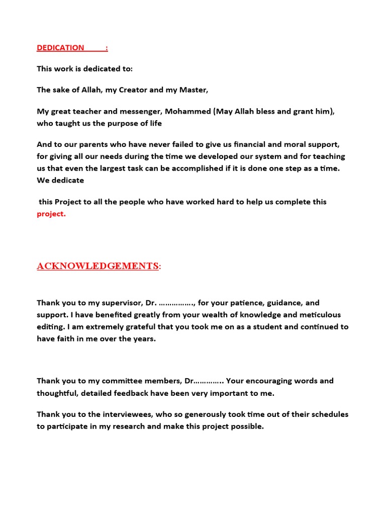 Dedication Examples For A Student Project PDF | PDF | Career & Growth