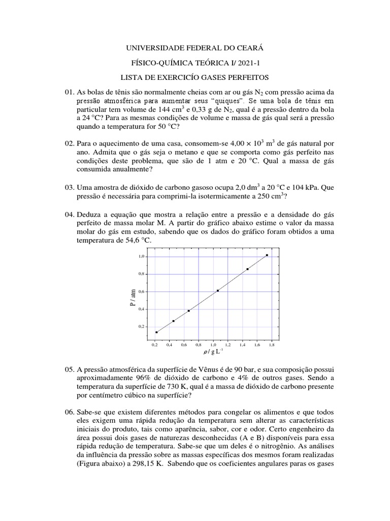 Lista de Exercícios: Gases Perfeitos | PDF | Gases | Pressão