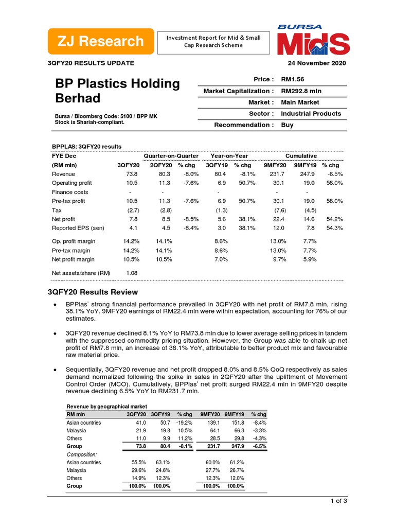 ZJ Research BP Plastics Holding Berhad PDF Dividend Revenue