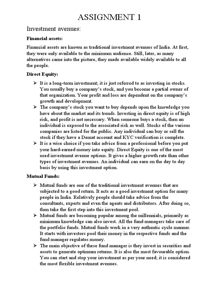 Assignment 1 Investment Avenues PDF Investing Stocks