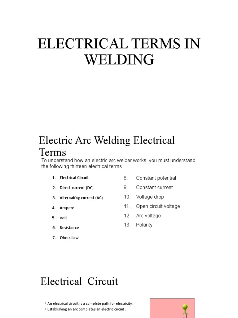 Electrical Terms for Welding Explained | PDF | Voltage | Electric Current