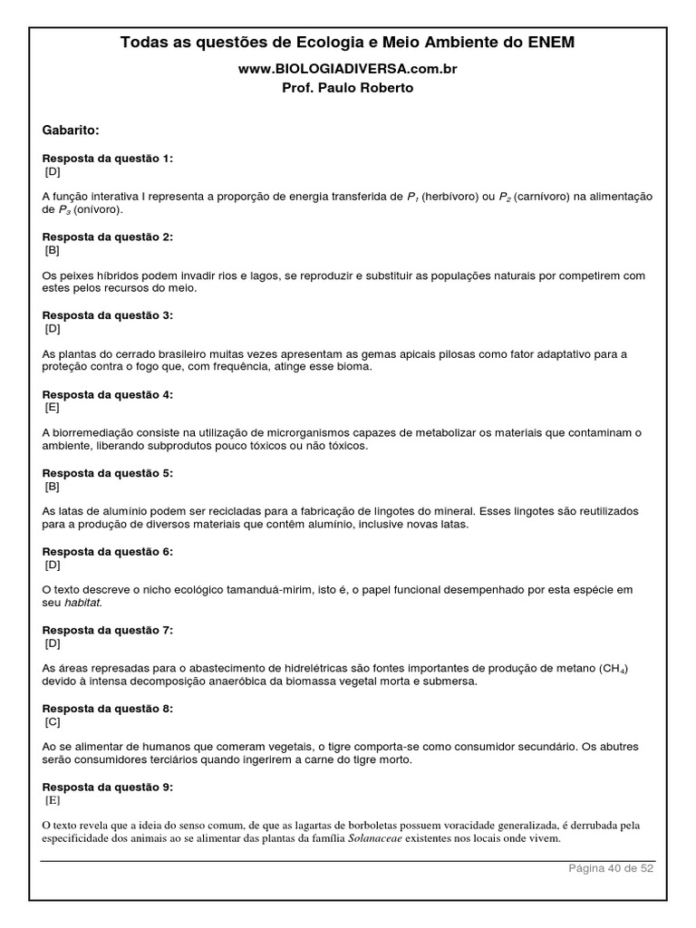 Questões de Ecologia para o ENEM | PDF | Ecologia | Água