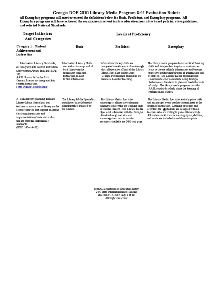Georgia DOE 2010 Library Media Program Self-Evaluation Rubric | PDF ...