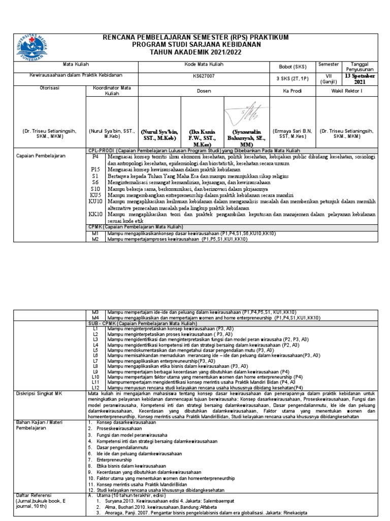 RPS Praktikum Kewirausahaan S1 Kebidanan | PDF | Karier & Perkembangan