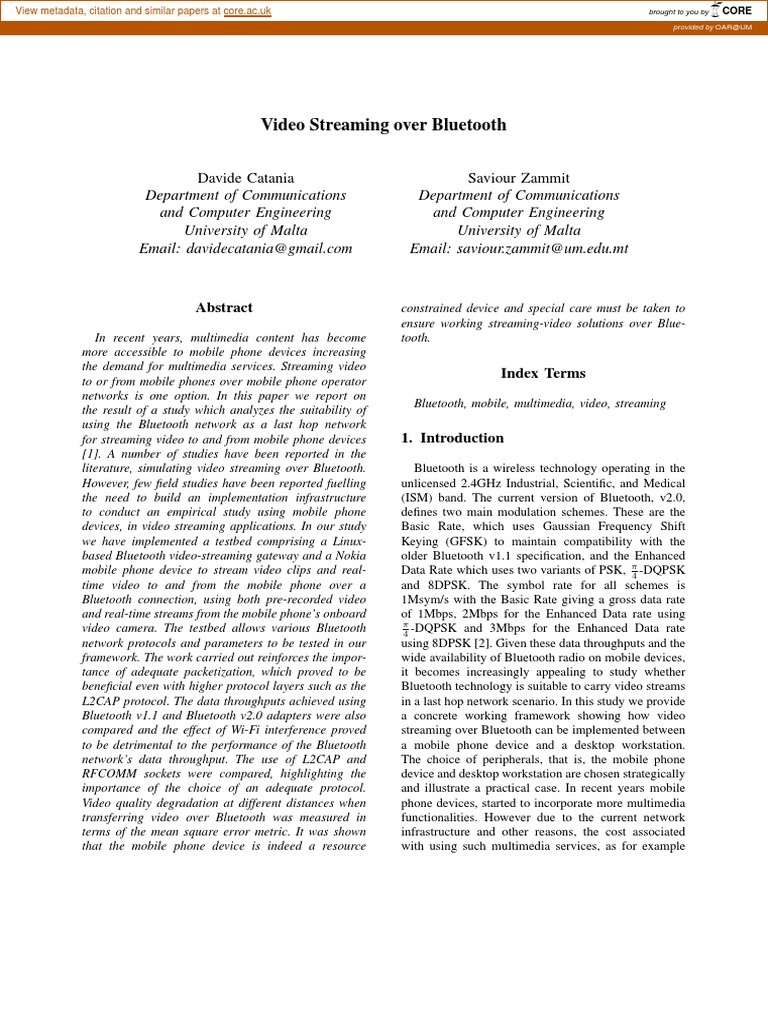 Video Streaming via Bluetooth Analysis | PDF | Bluetooth | Computer Network