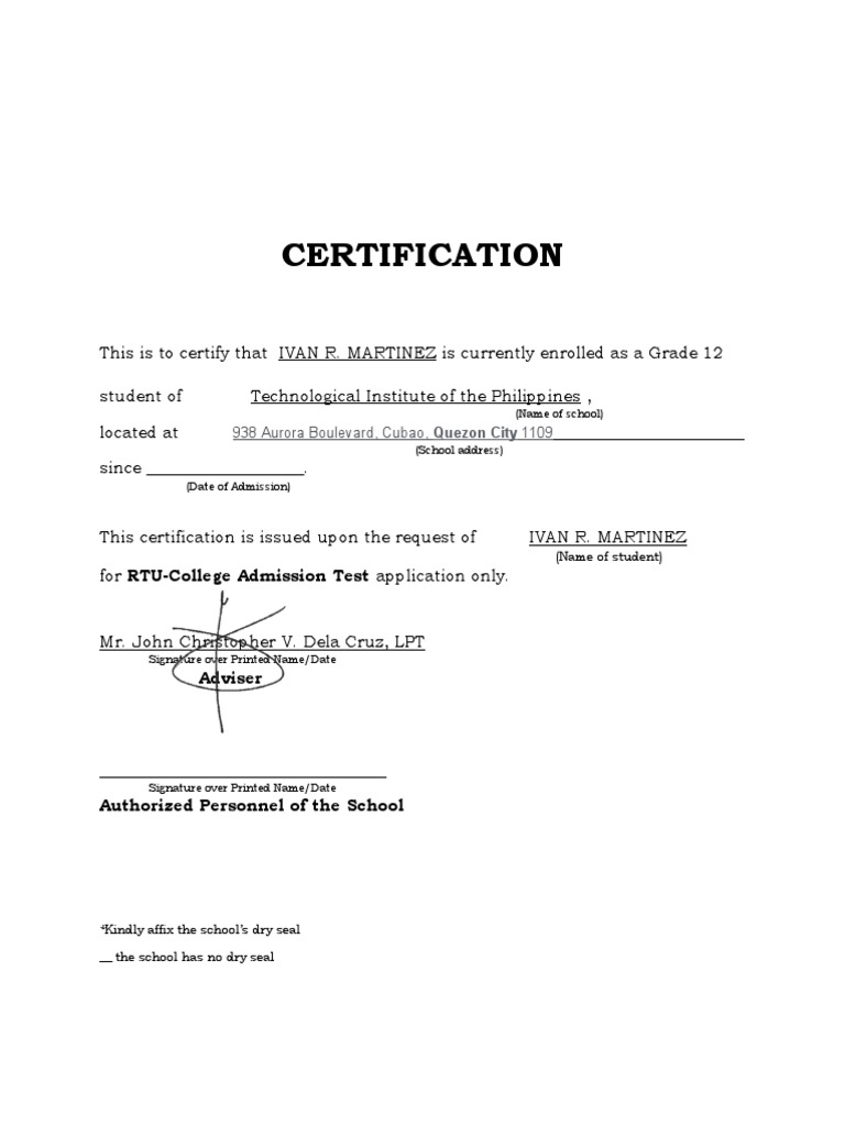 Certificate of Enrollment Template | PDF