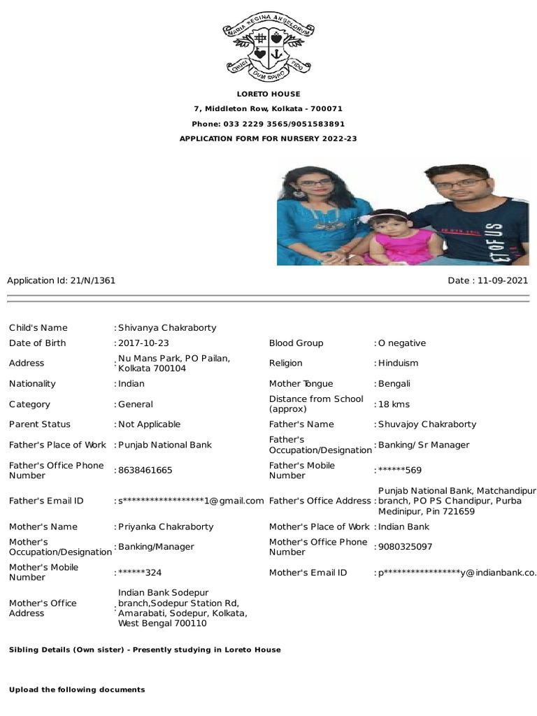 Loreto House 7, Middleton Row, Kolkata 700071 Phone 033 2229 3565/9051583891 Application Form