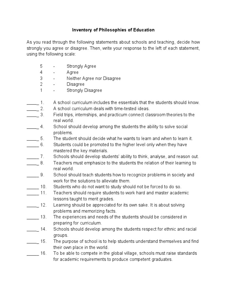Educational Philosophy Inventory Guide | PDF | Philosophy Of Education ...