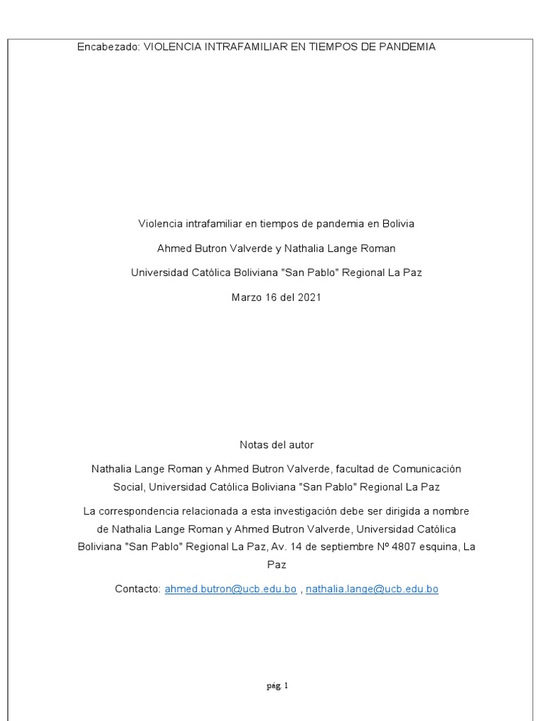 Violencia Intrafamiliar en Bolivia: Pandemia | PDF | La violencia ...
