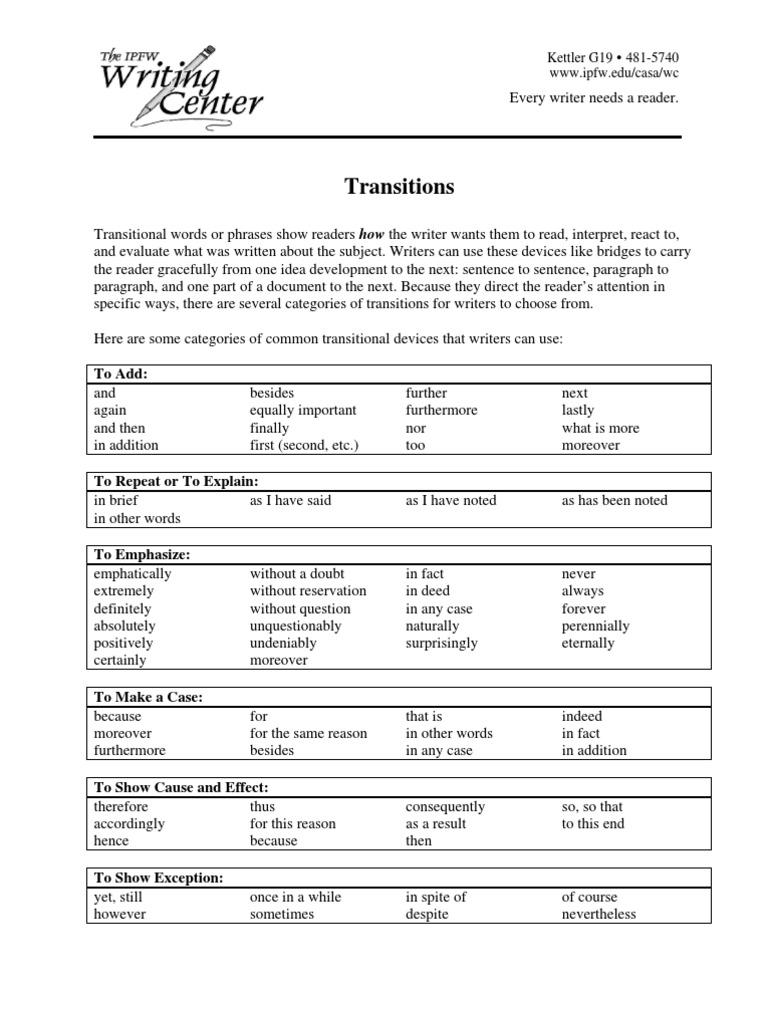 Essential Transitional Words for Writers | PDF | Paragraph | Reason