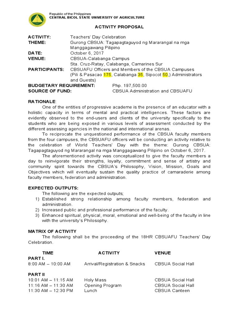 ACTIVITY PROPOSAL Teachers Day Celebration | PDF